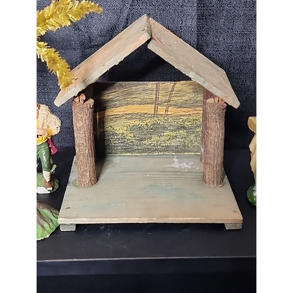 Antique 40s German Putz Chalkware Nativity Set w/ Creche 17pc Composition Palm - Picture 7 of 12